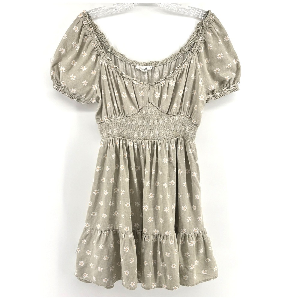 Babydoll Smocked Mini Dress Sz L Floral Puff Sleeve Cottagecore Milkmaid Prairie